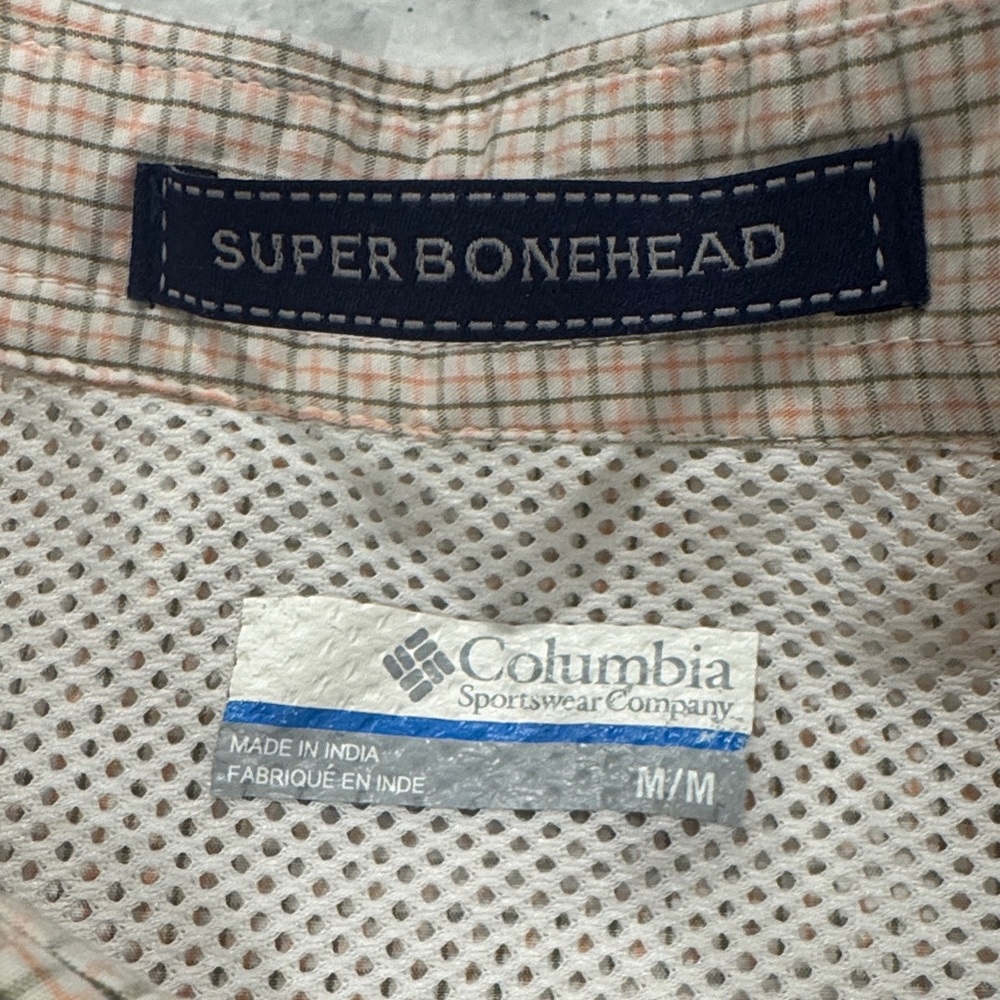 Columbia White Mesh Shirt with Peach-Tan Plaid Trim
